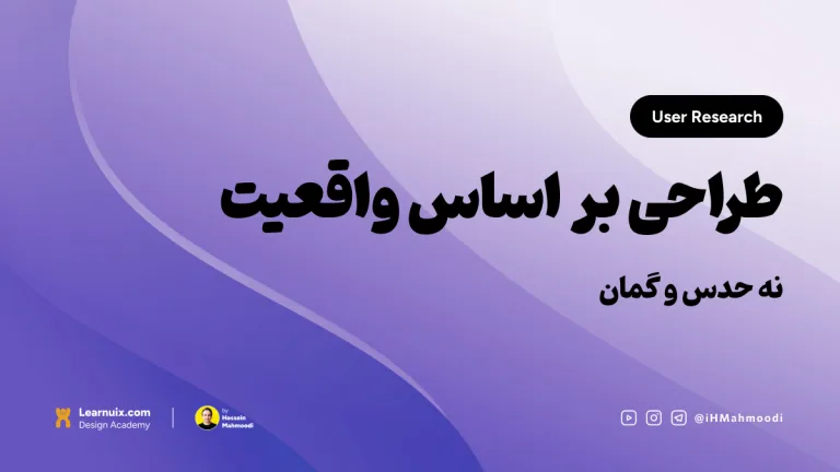 تصویر شاخص مقاله تحقیقات کاربر (User Research) با تیتر "طراحی بر اساس واقعیت" روی پس‌زمینه آبی.